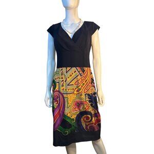 Kay Unger N.Y. Silk Black Cap Sleeve Dress With Multi Paisley Skirt Sz 10 EUC
